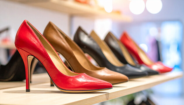 Zapatos de lujo elegantes de mujer con tac&oacute;n alto en una estanter&iacute;a de zapater&iacute;a, concepto de elegancia, glamour y poder adquisitivo en moda femenina