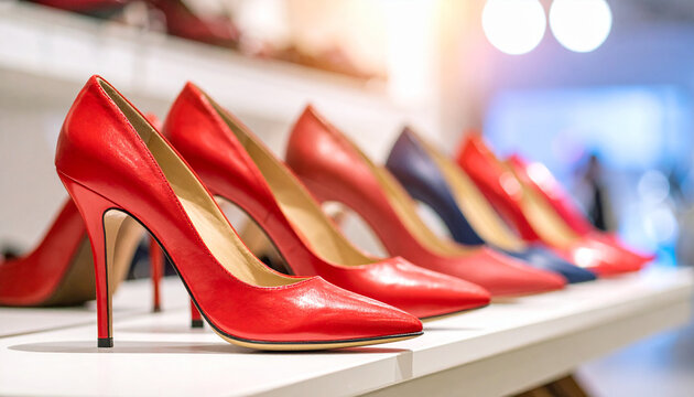 Zapatos de lujo elegantes de mujer con tac&oacute;n alto en una estanter&iacute;a de zapater&iacute;a, concepto de elegancia, glamour y poder adquisitivo en moda femenina