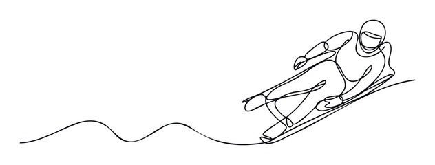 Minimalist continuous line drawing of a winter sports athlete speeding down a track on a sled, ideal for sports event branding, educational content about winter activities, or promotional