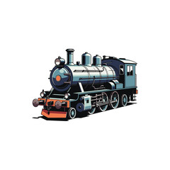 Fototapeta premium Vintage steam locomotive in teal and orange hues on white background