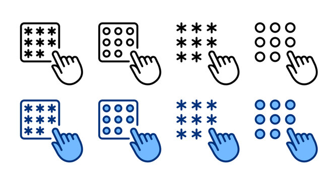 Enter password icons set. Pin code black blue line icon collection. Hand click, clicking sign. Protection, security, privacy concept. Vector illustration. Flat design. Isolated on a white background.