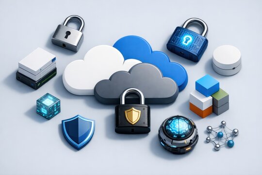 Digital security framework with cloud storage solutions featuring padlocks and data protection elements representing cybersecurity and technological resilience