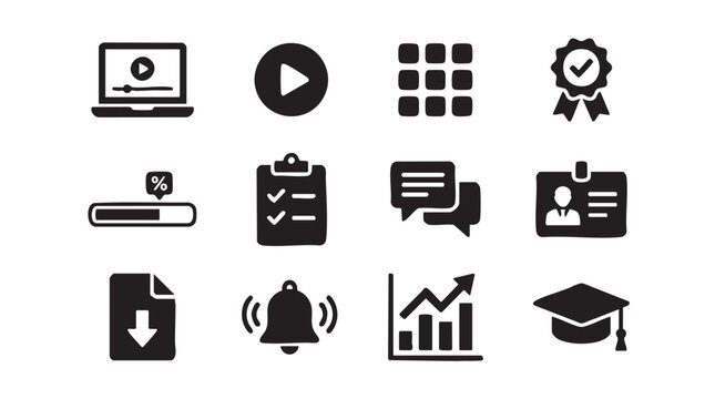 Education and learning vector icon collection. Includes online course, play button, certificate, and graduation cap symbols. Created in simple style with black and white color palette.
