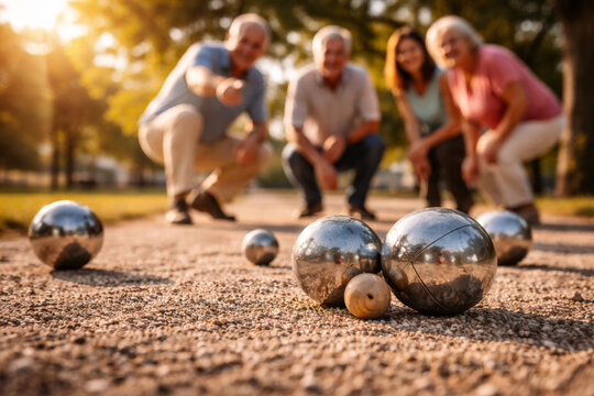Group enjoying a game of p&eacute;tanque in sunny park setting