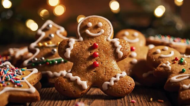 Delicious gingerbread cookies decorated with festive icing and sprinkles arranged on a rustic wooden surface with warm bokeh lights