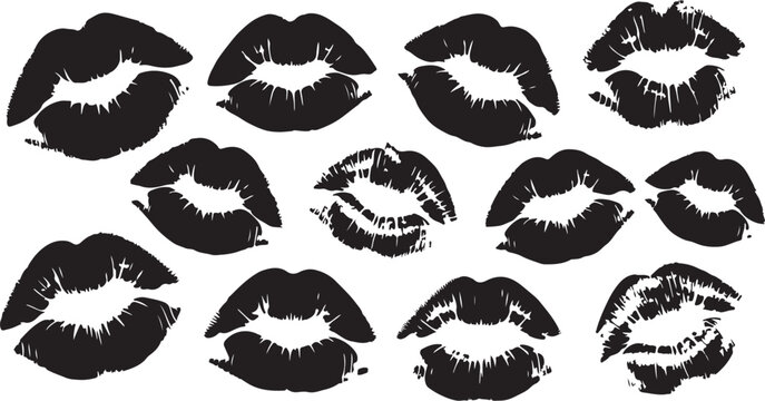 Collection of black lip prints on white background