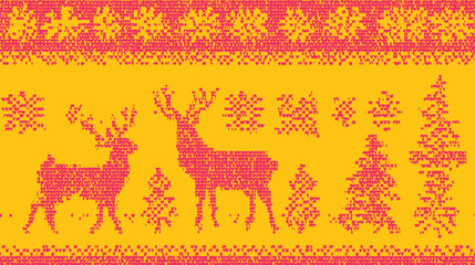 Scandinavian knitting style, snowflakes and reindeer motifs, pixel art or cross-stitch aesthetics, hand-drawn aesthetics, pattern texture vector illustration © PanzaDesign