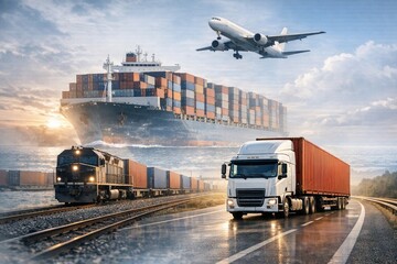Cargo transportation scene featuring a large container ship, freight train, and truck on a highway, with an airplane flying overhead against a cloudy sky