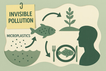 Naklejka premium Environmental diagram showing invisible pollution and microplastic contamination. food chain process with water and its concerning health impact for human consumption