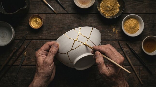 Close up of hands repairing a cracked ceramic cup with gold lacquer using the Japanese kintsugi technique, surrounded by repair tools and a dark wooden table bathed in warm light