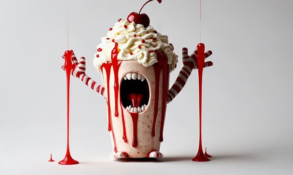 A monstrous milkshake with whipped cream and a cherry on top is screaming with candy cane arms and red sauce dripping everywhere on a white surface