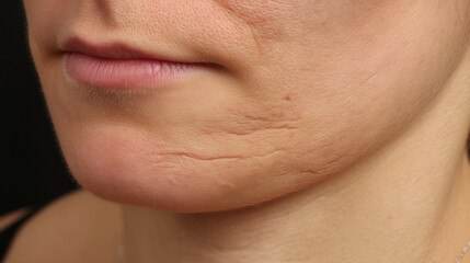 Close up of lower face and chin showing mild skin rash marks and fine dry lines with natural texture and neutral expression