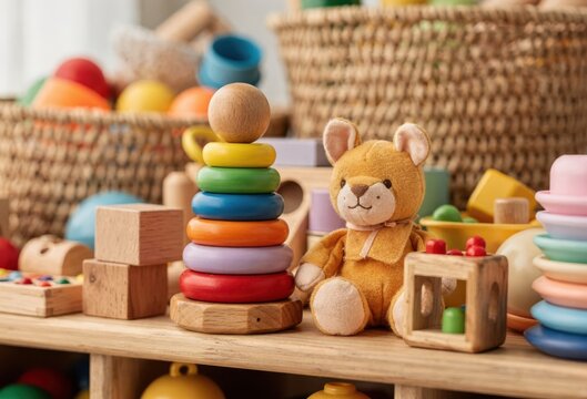 Colorful wooden toys arranged on a shelf with a cute teddy bear inviting creativity and nurturing playful learning experiences captured with clarity