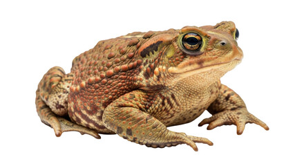 Isolated cane toad rests on its belly, facing the viewer showing its textured warty skin