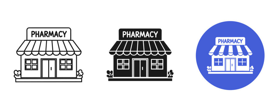 Icon set of pharmacy storefronts in black and blue variations
