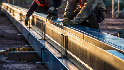 Workers installing or repairing a metal railing on a bridge or platform.