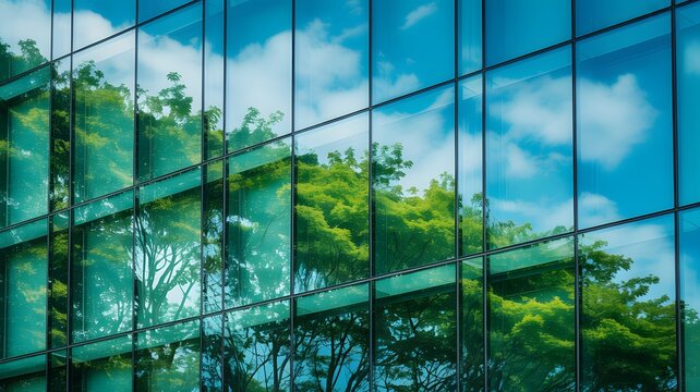 Green Building Glass Reflection, Sustainable Architecture Office Exterior, Eco Friendly Corporate Design
