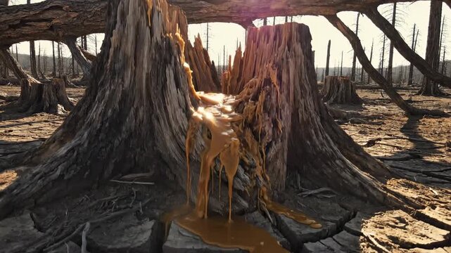 Jagged Tree Stumps Bleed Sap Onto Parched Earth in Desolate Landscape