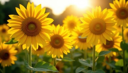 Obraz premium Golden sunflowers bask in vibrant sunlight, petals ablaze , agriculture, warm, majestic