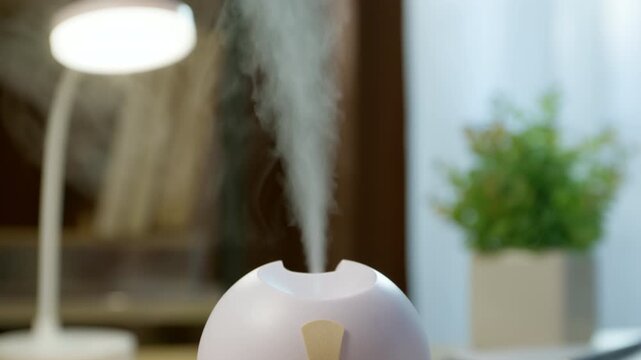 Close-up of a modern air humidifier releasing steam in a room. Concept of healthcare, comfortable atmosphere, and air moisture control.
