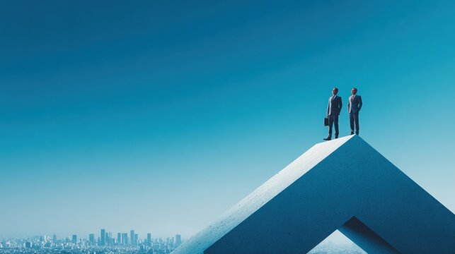 Two business professionals standing on an abstract upward arrow structure against a clear blue sky, representing growth and success in the real estate market