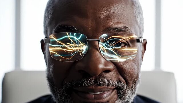 Close up of mature african american man with futuristic glasses showing data streams and innovative technology in his vision