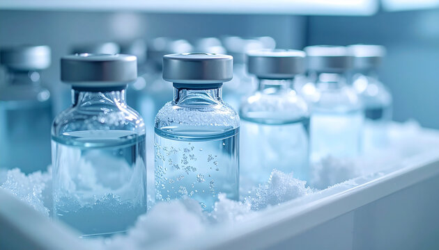 Glass medicine vials in frost-covered storage box inside refrigeration unit, frosted glass, healthcare