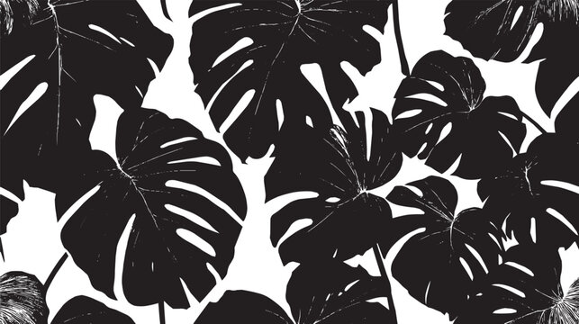 Dense tropical monstera and palm leaf silhouette pattern texture vector illustration