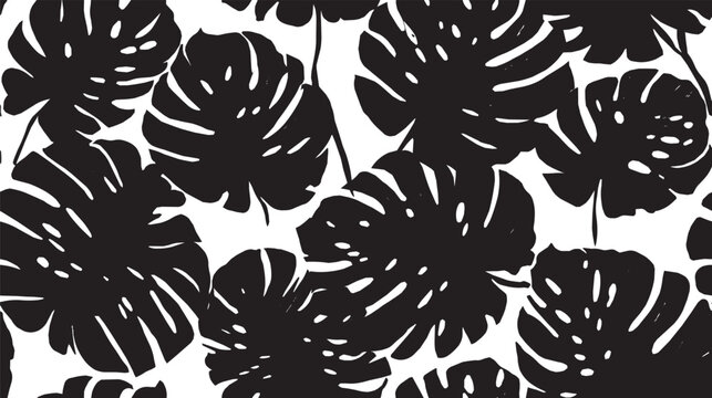 Dense tropical monstera and palm leaf silhouette pattern texture vector illustration