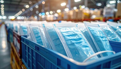 FlyPro_Firefly large supply of blue disposable face masks in individual sealed pouches, neatly arranged in bulk containers, captured in a detailed photograph.