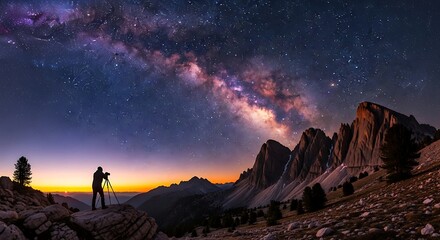 Fototapeta premium Romantic night scene of two people watching Milky Way above rugged mountains, expressing wonder, exploration, and connection with the universe
