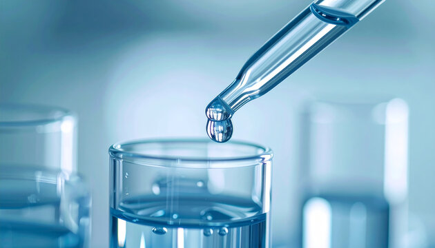 Glass pipette releasing fluid into test tube, droplet formation and transparency, medical research