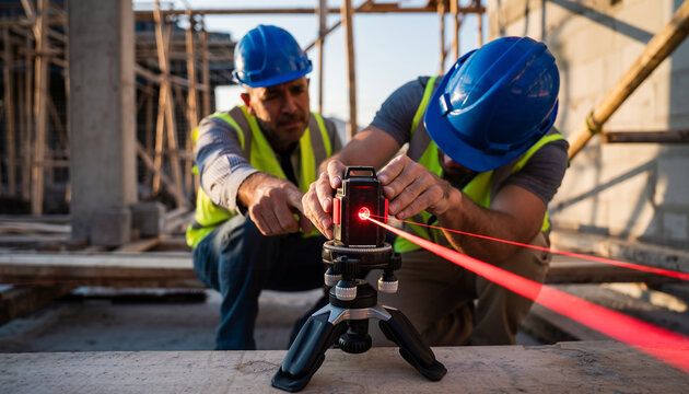 Two construction workers using a laser level on a building site.