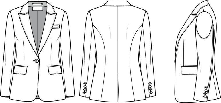 Women's Tailored Blazer Suit Jacket Technical Fashion Illustration Vector Flat Sketch with Front, Back, and Side Views Template
