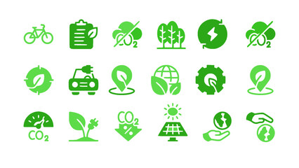 A detailed icon set representing environmental care, CO2 reduction, green energy, electric vehicles, and sustainability initiatives.