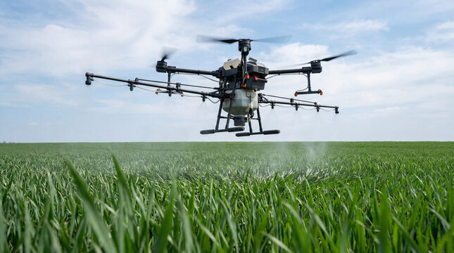 Agricultural drone spraying liquid pesticides over green crop field