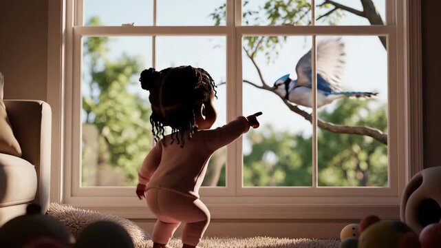 Curious toddler points at blue jay outside window.