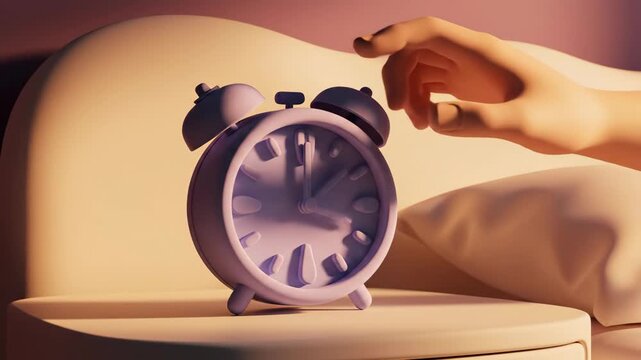 Alarm clock on bedside table with hand reaching to turn it off.
