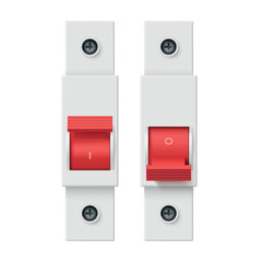 An illustration of modular circuit breakers designed to protect electrical circuits. Equipped with clear on off indicators, they are suitable for a variety of electrical installations.