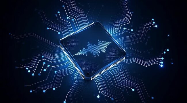 Microchip with glowing circuitry and sound wave on a dark background