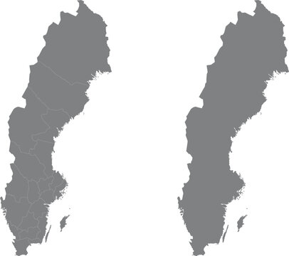 Gray Map of Sweden with Administrative Counties and Borders
