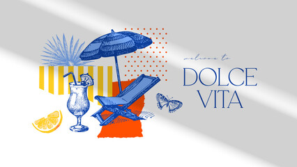 Hand drawn sketch tropical collage. Dolce vita summer vibe. Vintage summer Italy Mediterranean coastal vacation banner. Vector illustration © pim