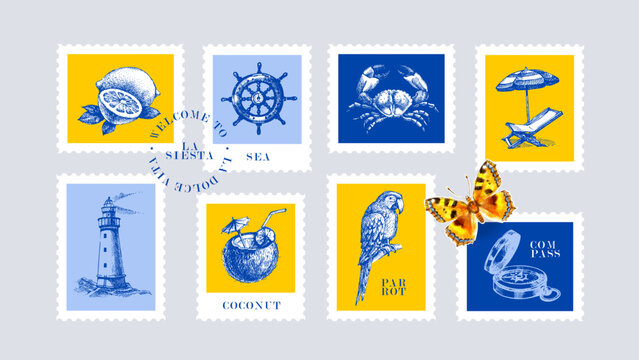 Vintage summer Italian Mediterranean coastal postage stamp collage set. Hand drawn vector illustration. Amalfi sketch and watercolor beach vacation design.