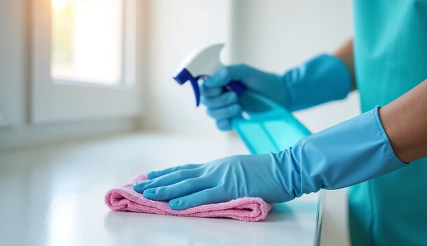 Professional cleaning and sanitization of frequently touched table surfaces in hospitals