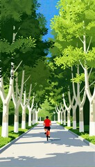 Stylized Illustration of a Cyclist Riding Through a Vibrant Green Tree-Lined Avenue with Sunlight and Shadows