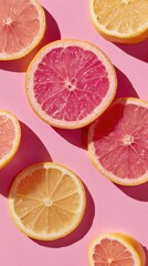 Brightly colored citrus fruit halves, including pink grapefruit and oranges, are scattered on a vivid pink background. Strong shadows indicate a sunny day, highlighting fresh, healthy produce