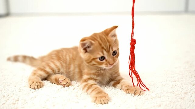 Ginger Kitten Playing with Red String on White Carpet Indoors