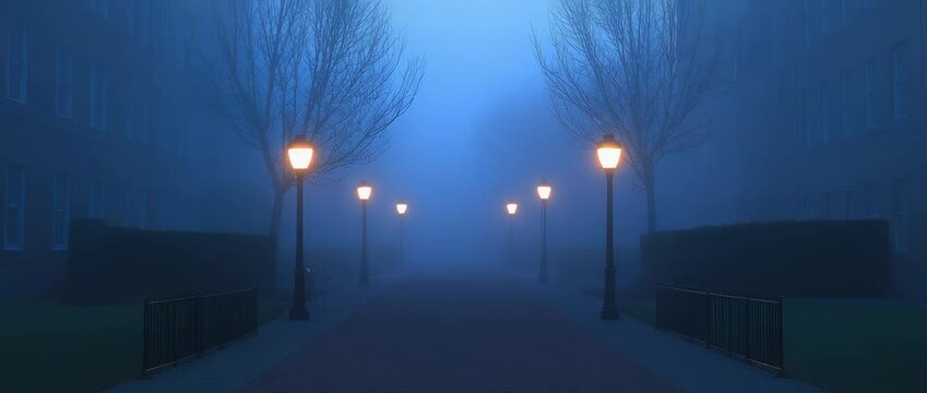 Glowing streetlights illuminate  dense blue fog along an empty path lined with bare trees