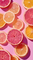 Brightly colored citrus fruit halves, including pink grapefruit and oranges, are scattered on a vivid pink background. Strong shadows indicate a sunny day, highlighting fresh, healthy produce