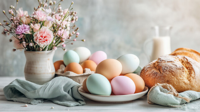 elegant easter brunch table with pastel colored eggs and fresh bread, spring celebration breakfast scene with lavender flowers and rustic decorations, aesthetic easter holiday dining table arrangement